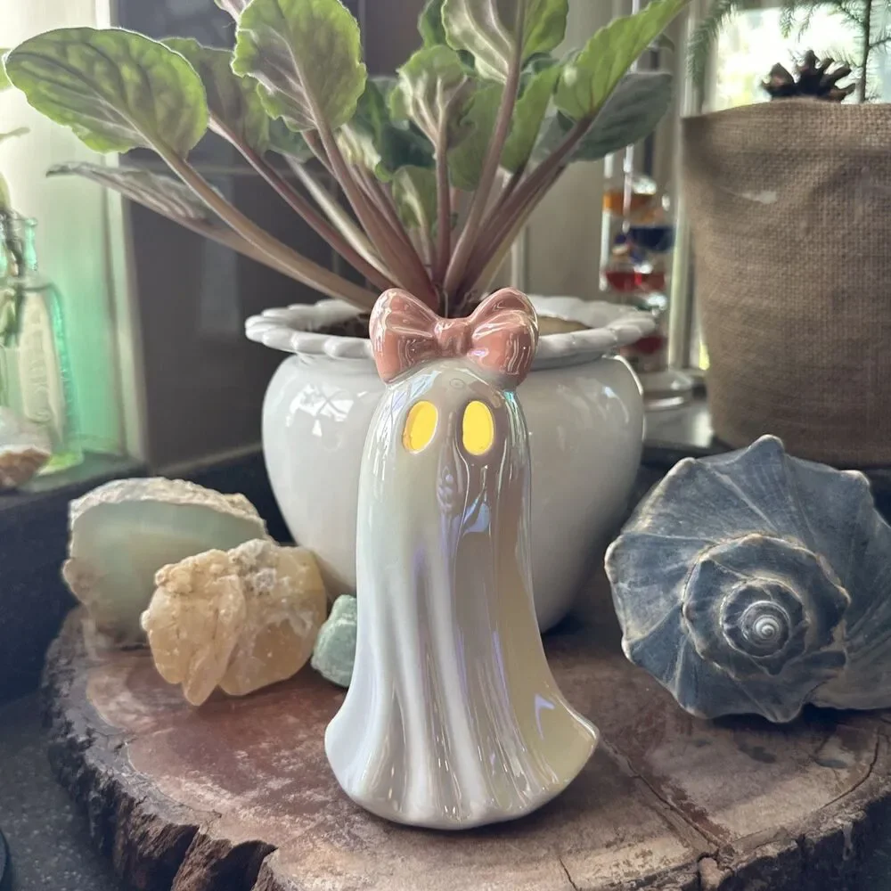 Ceramic Ghost LED Light Iridescent Pink Bow Halloween Decor 6” Battery Operated
